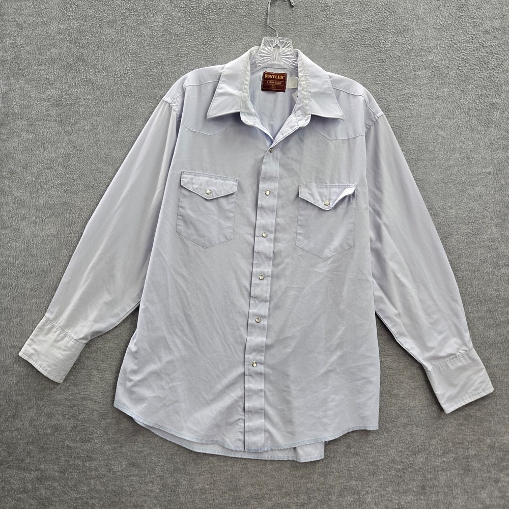 VINTAGE Rustler Men Button Up Shirt 16.5 Blue X-Long Tails Western Pearl READ